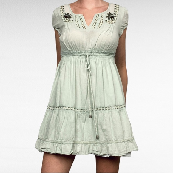 VINTAGE | Karla Design Pistachio Green Peasant Embellished Babydoll Boho Dress - Picture 2 of 10